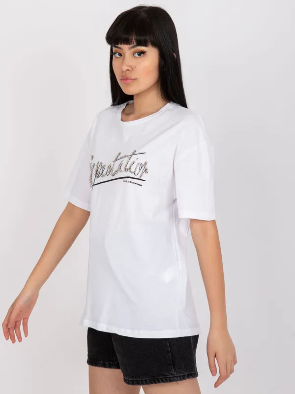 T-shirt oversize z ozdobnym napisem i cyrkoniami - widok 2
