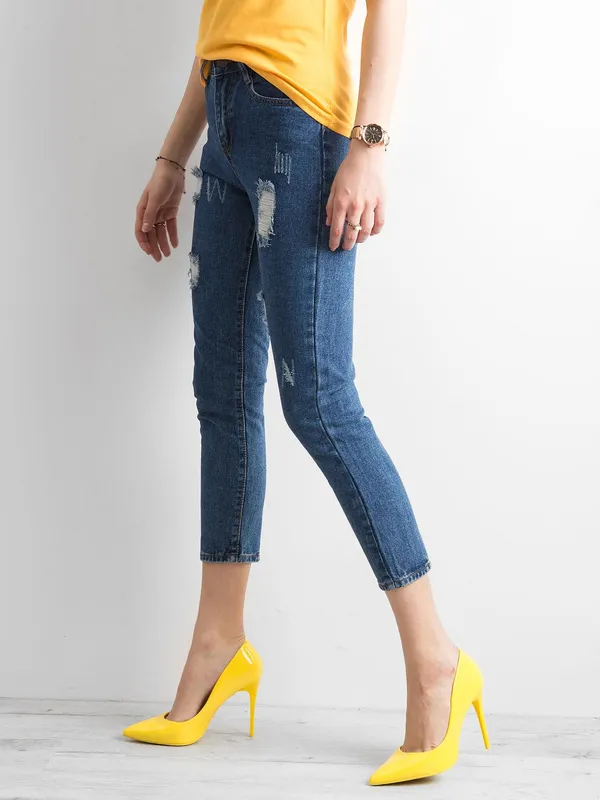 Spodnie ankle jeans z przetarciami ciemnoniebieskie - widok 2
