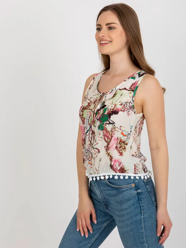 Biało-zielona bluzka z nadrukiem i wiązaniem