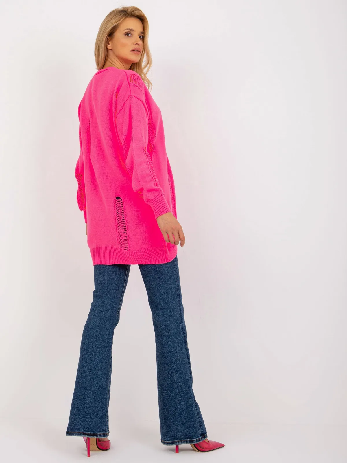 Fluo różowy luźny sweter rozpinany z dziurami RUE PARIS - zdjęcie 5