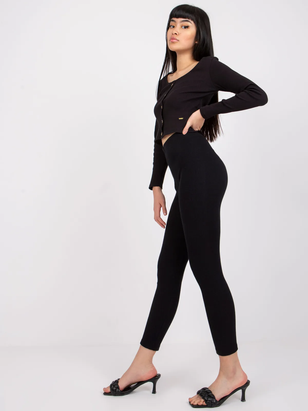 Dopasowane legginsy z wysokim stanem w prążki - zdjęcie 1