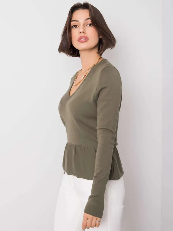 RUE PARIS Khaki sweter z dekoltem V - widok 2