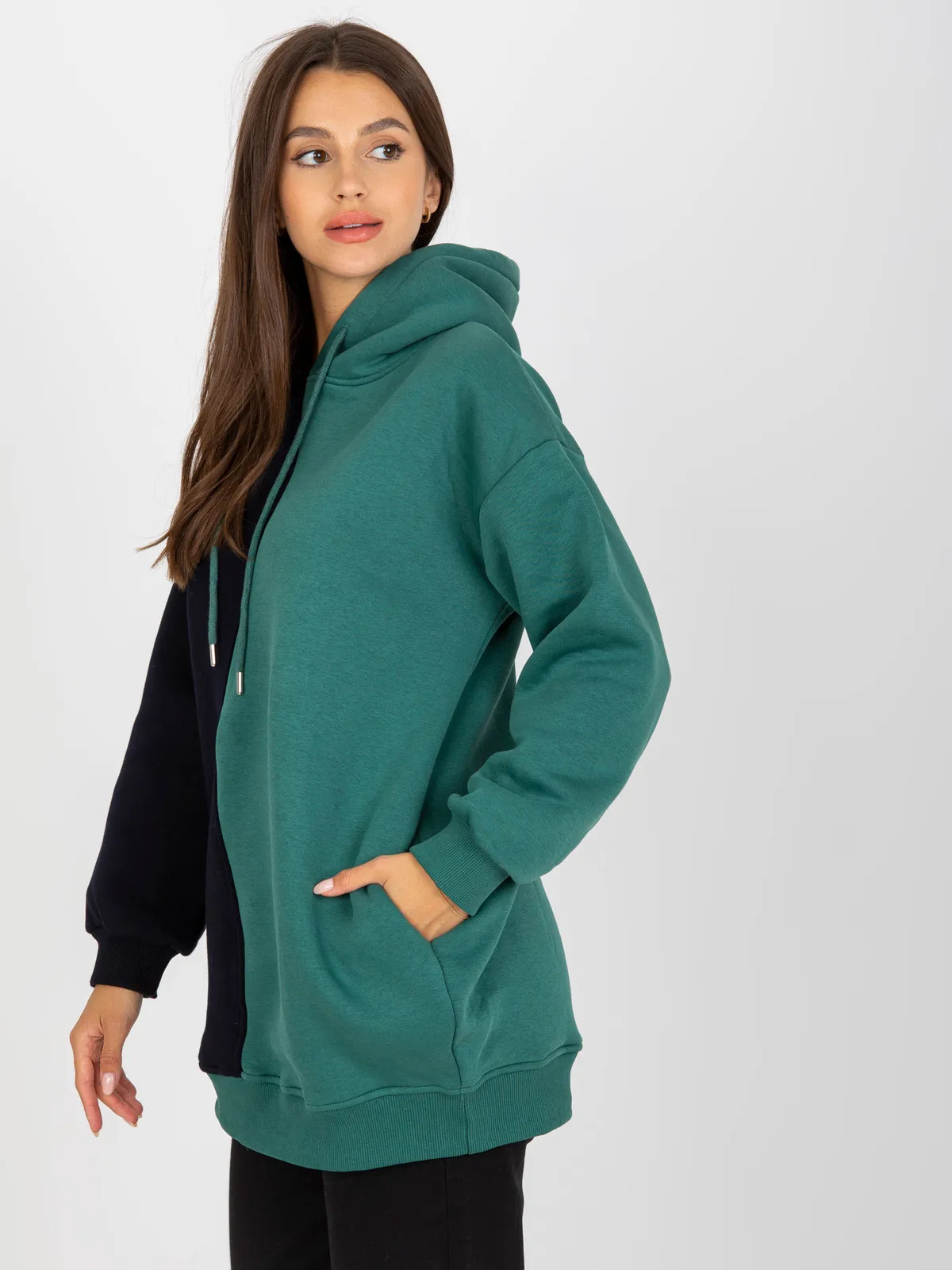 Beżowo-niebieska damska bluza basic z kapturem RUE PARIS - zdjęcie 1