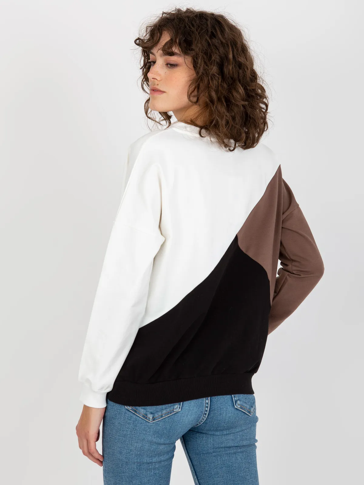 Biało-brązowa bawełniana bluza basic bez kaptura - zdjęcie 1