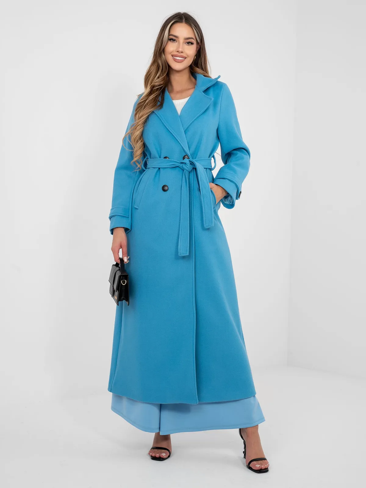 Klasyczny dwurzędowy płaszcz wiązany w talii - zdjęcie 1