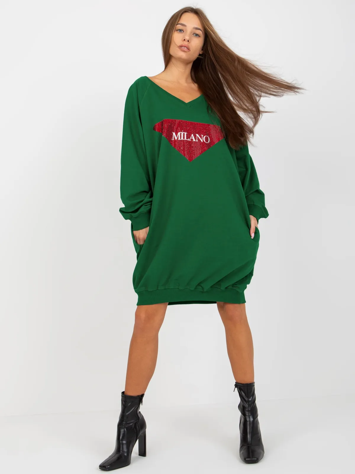 Beżowa długa bluza oversize z aplikacją z dżetów - zdjęcie 2